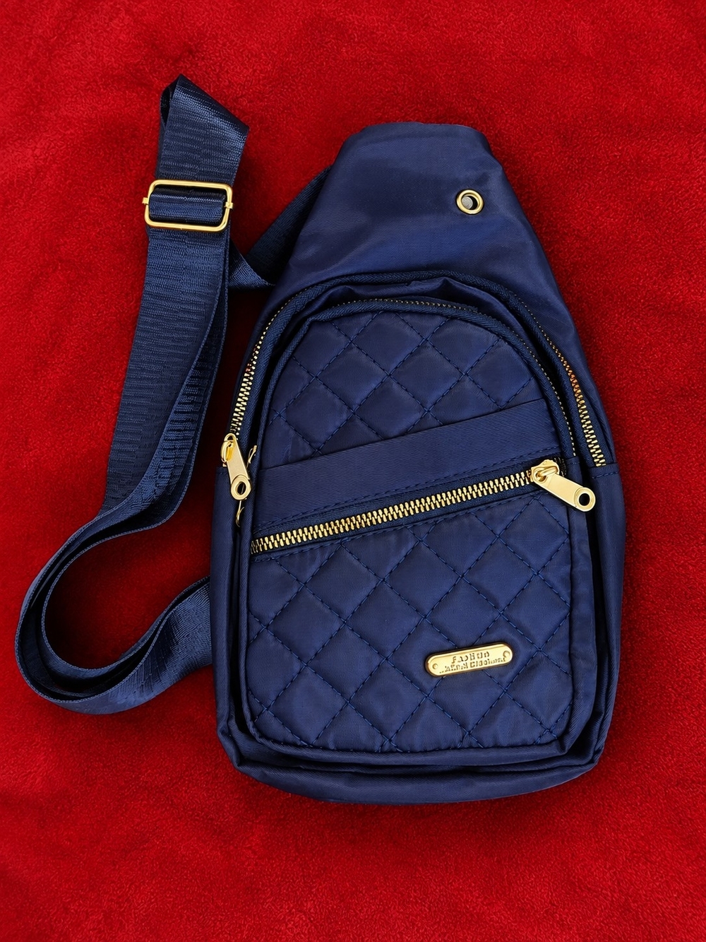 Quilted Navy Crossbody Sling Bag with Gold Hardware